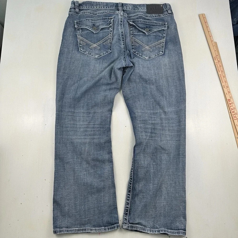 TK Axel Vintage Boot Cut Flap Pockets Jeans Men Fits 38x31 Denim Blue Distressed